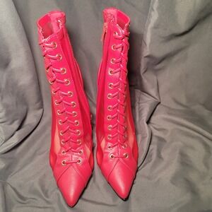 Anne Michelle Women's 6.5 M Red Stiletto Ankle Booties Mesh Zipper Faux Lace Up